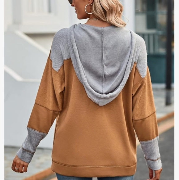 Tan Oversized Hoodie with Gray Accents - Picture 3 of 16